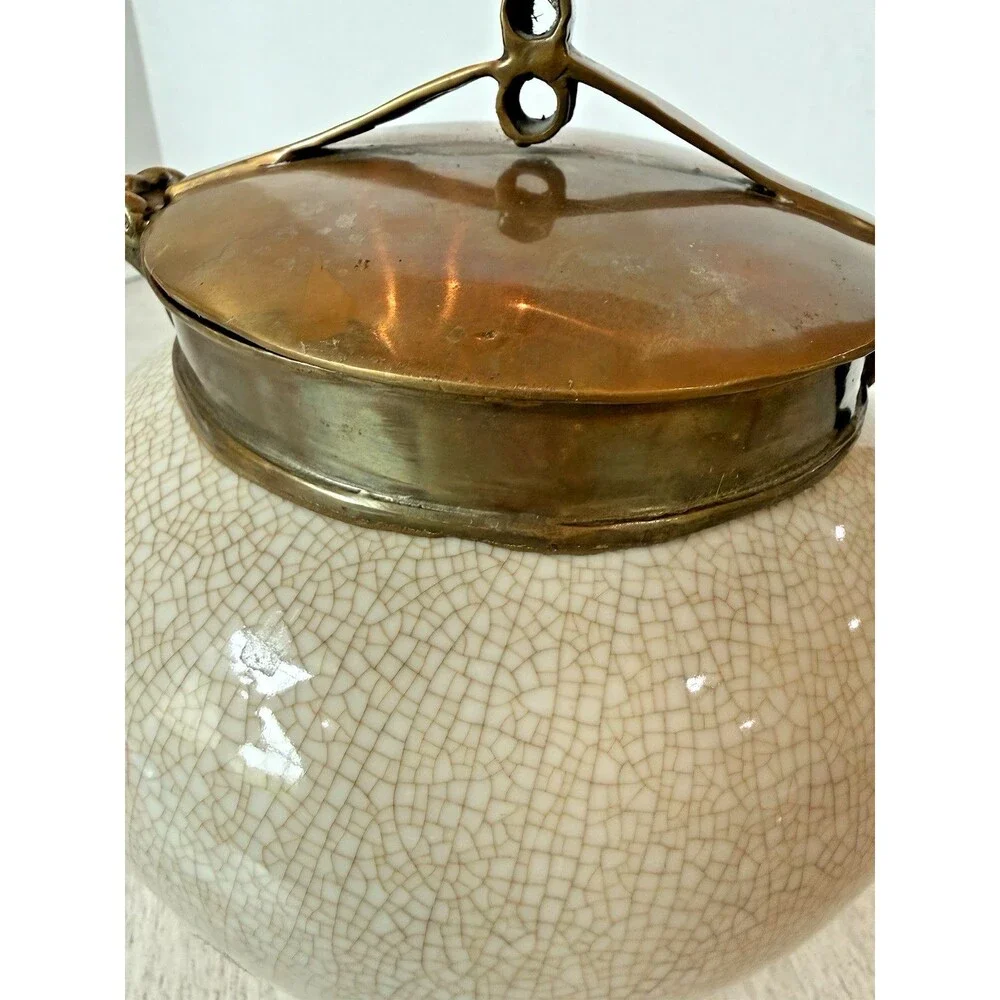 Vintage 1980s Tozai Faux Shagreen Crackle Porcelain & Bronze Ginger Jar Urn